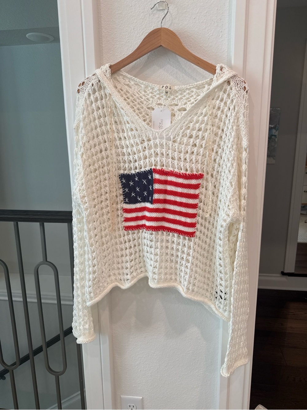 POL American Flag Crochet Hoodie Sweater Medium NWT Coastal Boho Beach Cover Up - Picture 2 of 4
